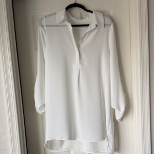 Pleione White Long-Sleeve Collared Tunic Blouse